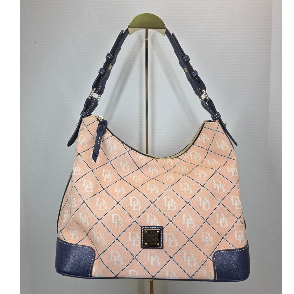 Dooney & Bourke Monogram Hobo Bag Peach Navy Blue Leather Trim Shoulder Bag